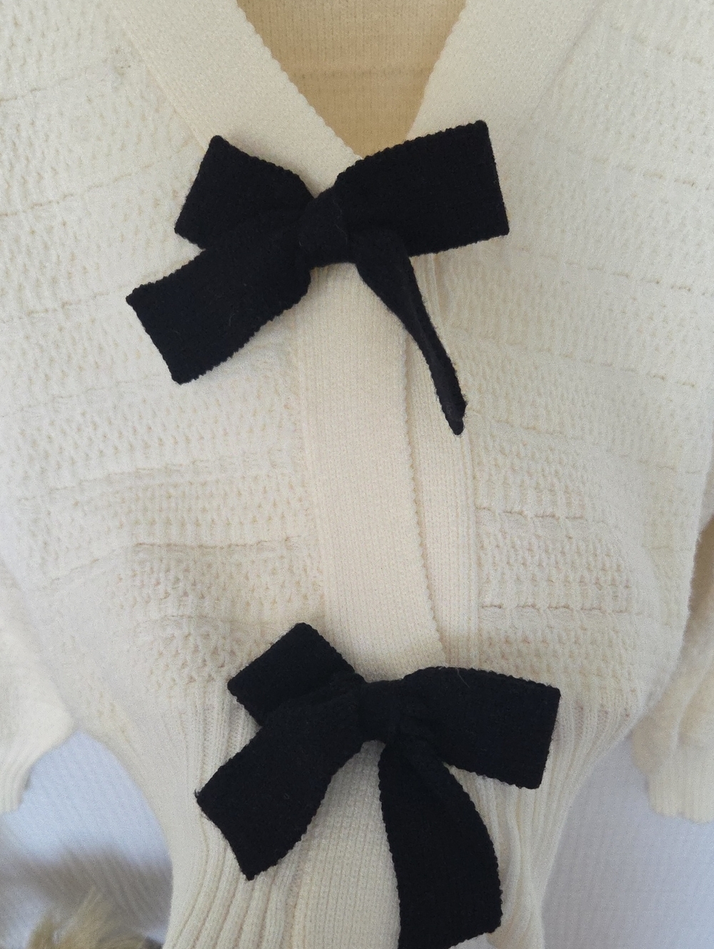 Cream Knit Cardigan with Black Bows - Picture 2 of 6